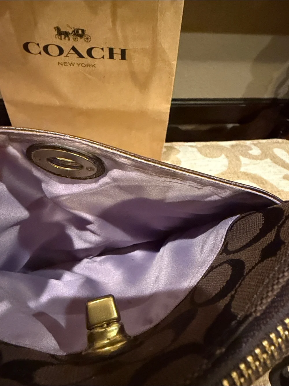 Coach Brown Signature Messenger Crossbody Bag with Gold-Tone Hardware